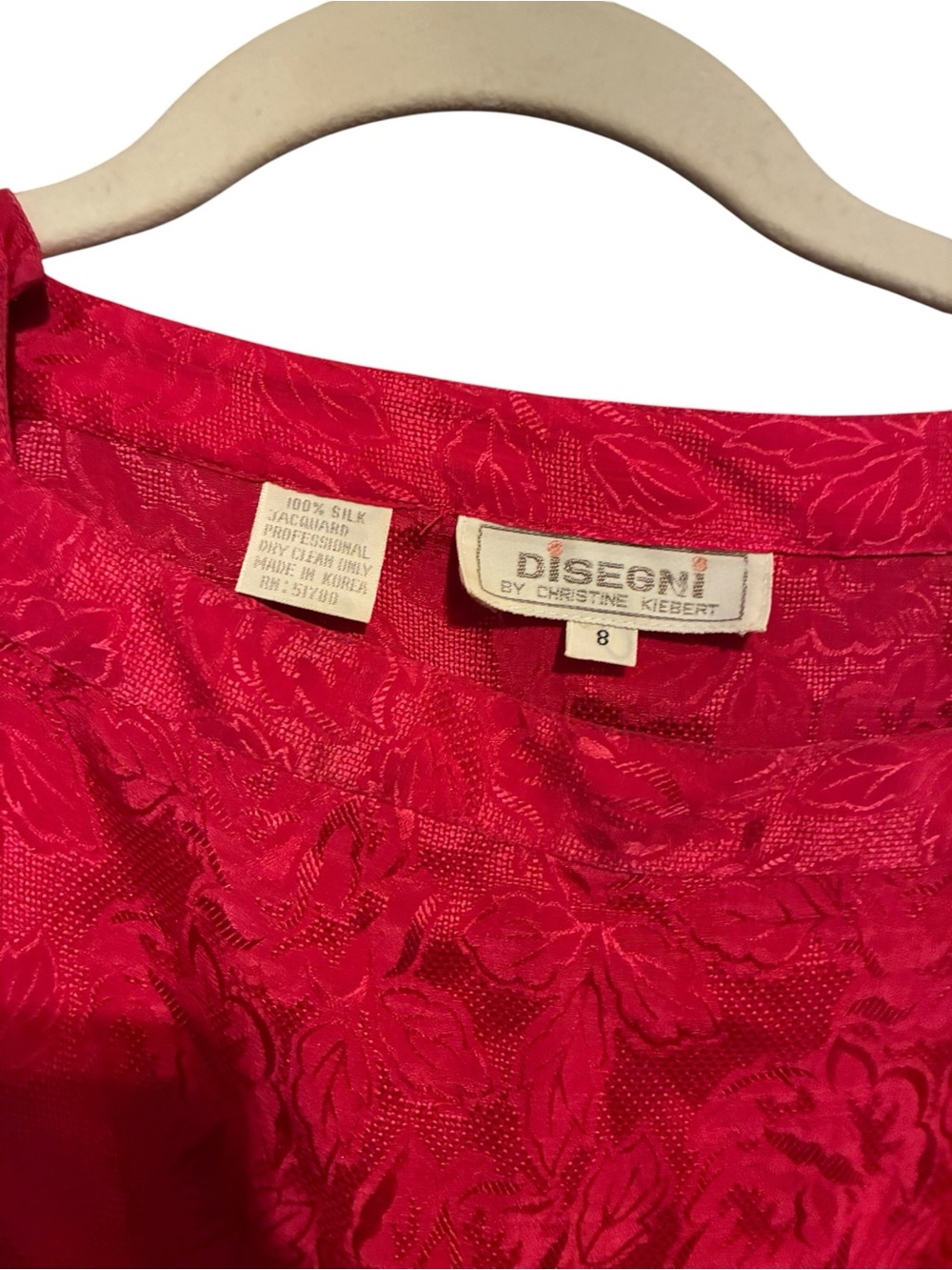 VTG 80s Disegni 100% Silk Red Floral Jacquard Midi Dress Puff Sleeve Belted 8 - Picture 8 of 11